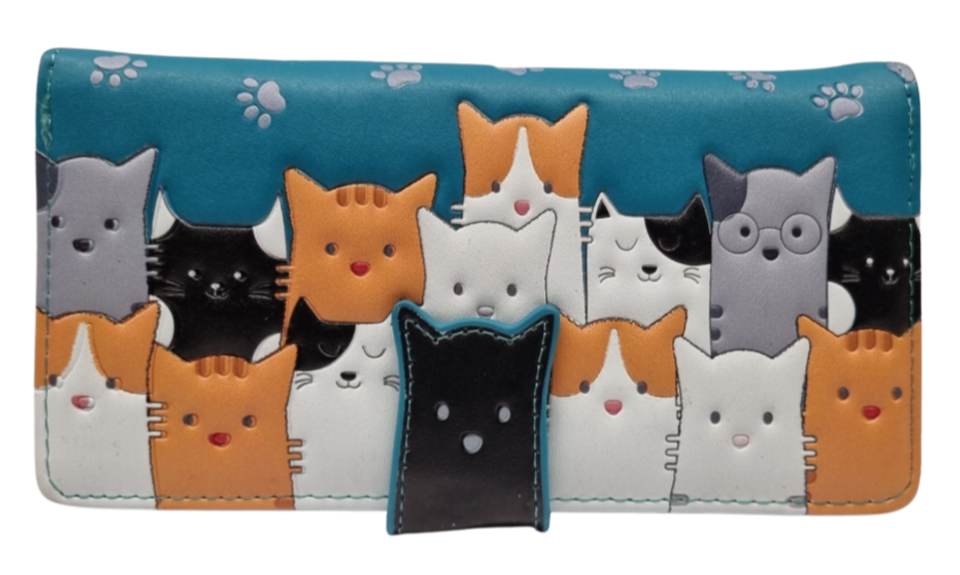 Cat Crowd Teal Large Zip Wallet